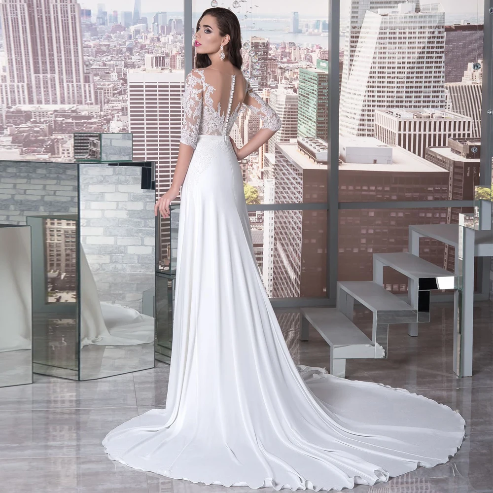 

Vestidos Sexy Wedding Dresses Chiffon Appliques Pleat V-Neck Half Sleeve Covered Button A-Line Bridal Gowns Novia Do