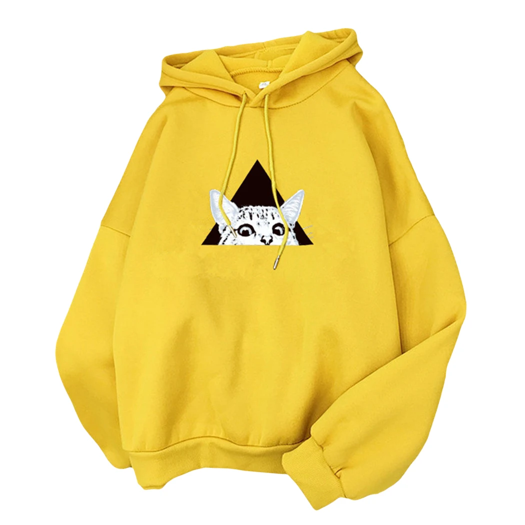 Yellow Kawaii, Женская мультяшная толстовка с капюшоном, милые толстовки с принтом кота, Осень-зима, с длинным рукавом, свободная уличная одежда, пуловер, топы - Цвет: Yellow