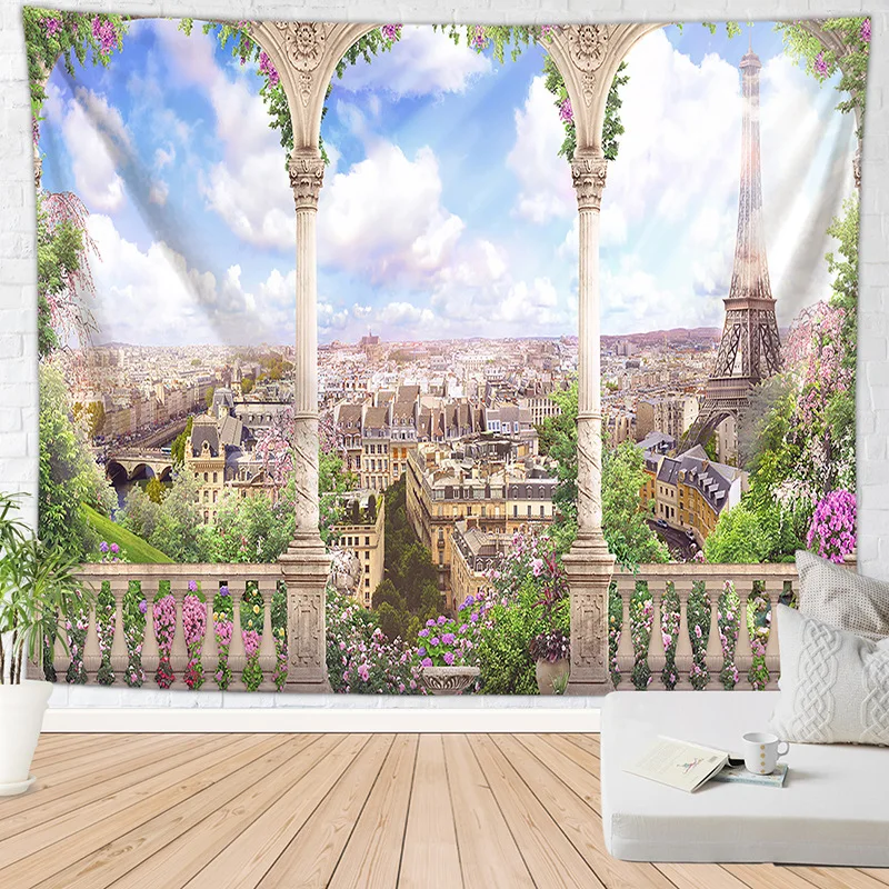 

European Luxurious Palace Balcony Wall Tapestry Home Decor Seascape Landscape Scenery Tapestry Roman Column Tapestry Wall Fabric
