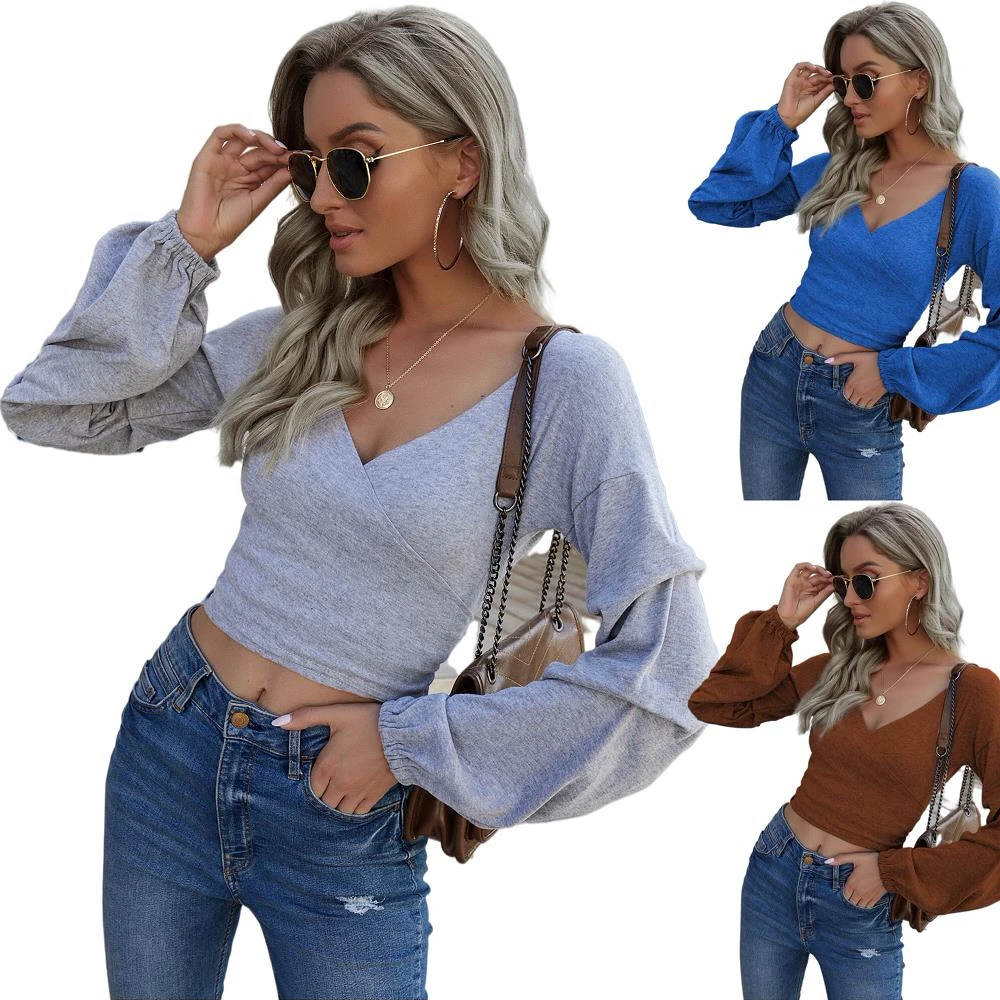 

Женская модная винтажная одежда для отдыха на осень и зиму с рукавами-фонариками, однотонные элегантные топы