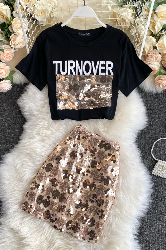 

Suit 2021 new women's summer short sleeve T-shirt design feeling BLING Sequin skirt fashion two piece set