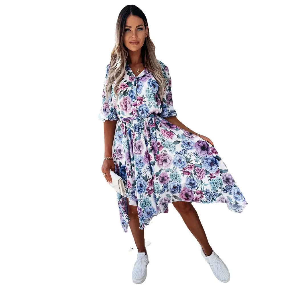 

Flower Chiffon Printing Dress for Women 2021 Summer V-Neck Bohemian Fashion Sexy Casual Dresses for Women Party
