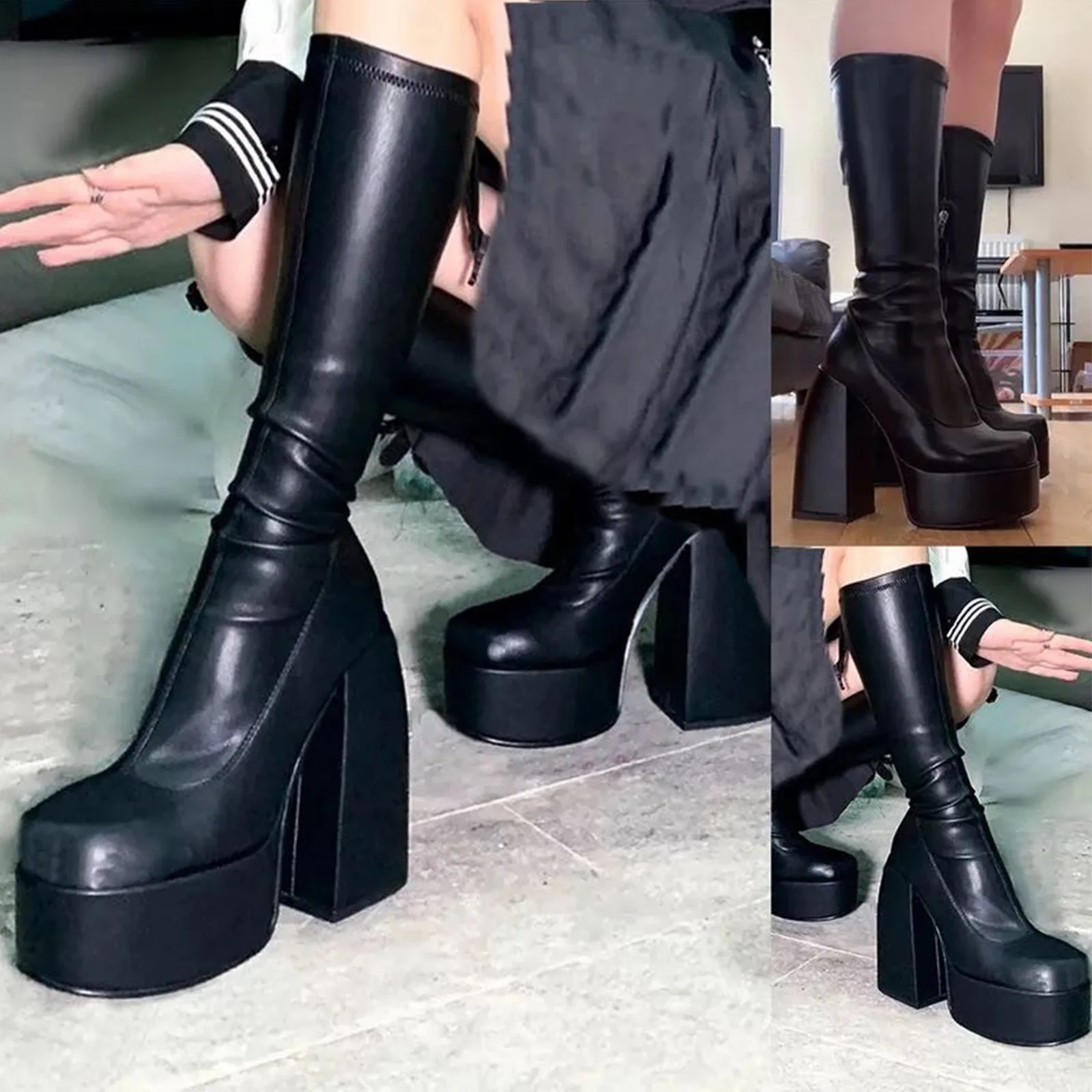 Женские высокие сапоги из ПУ кожи на молнии до колена