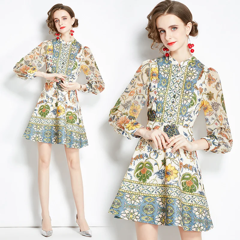 

2022 New Women Dresses Office Lady A-LINE Printing Knee-Length Women Elegant Dresses O-Neck Party Vintage Women Spring Dresses
