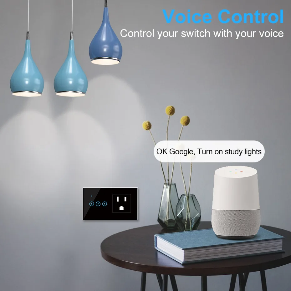 Умный выключатель с розеткой Wi-Fi 1/2/3 клавиши стандарт США настенный светильник