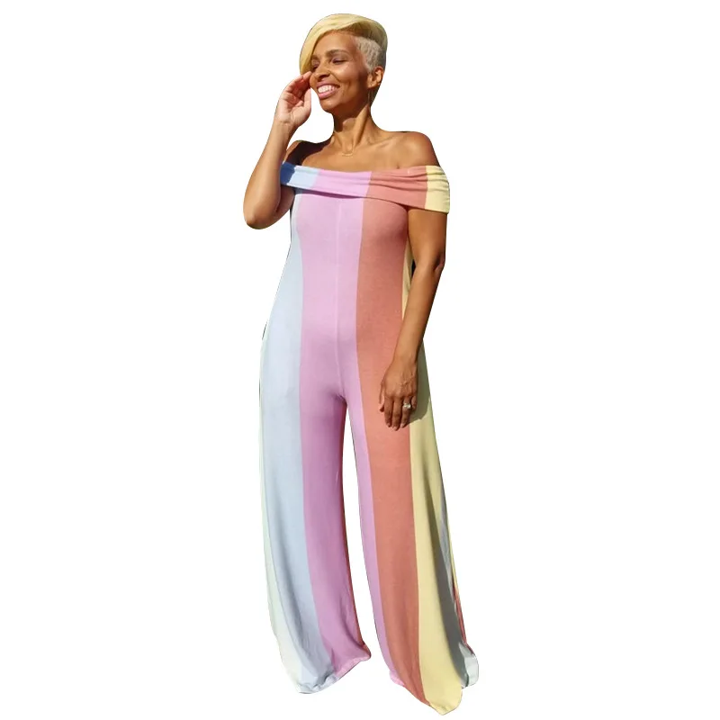 

Donsignet Fashion Women's Jumpsuit Summer Casual Hot-selling One-way Neck Pullover Stripe Stitching Wide-leg Jumpsuit Knitted