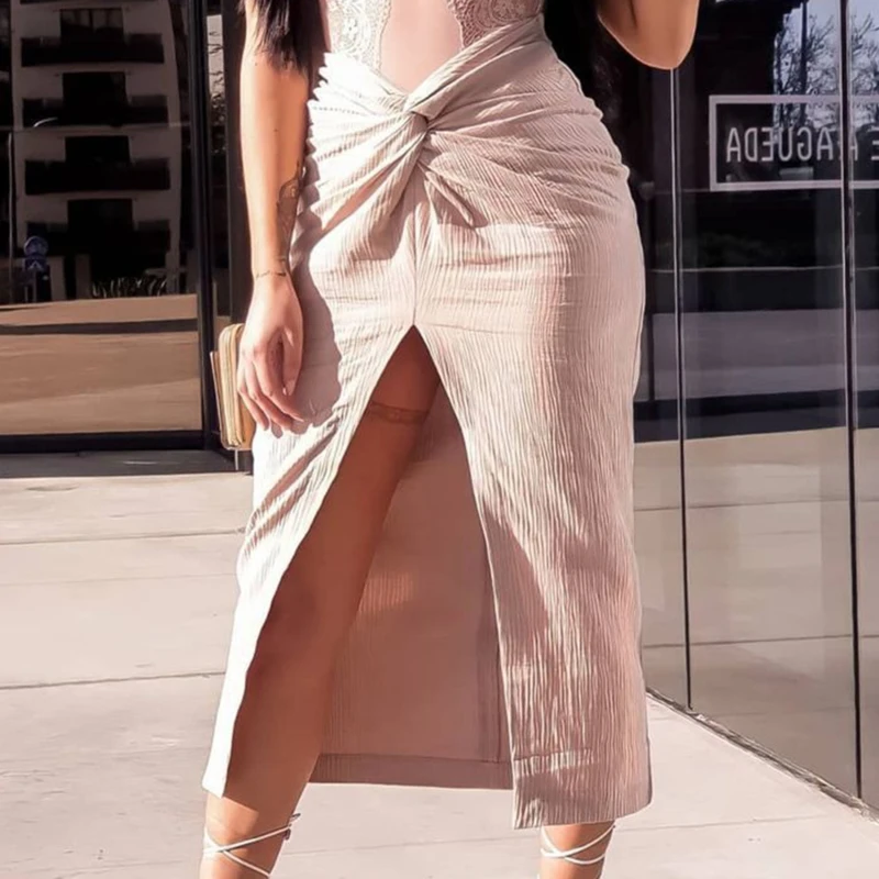 

New Summer Vintage Solid Color Skirt Women High Waist Package Hip Pencilskirt Fold Effect Front Split Skirts