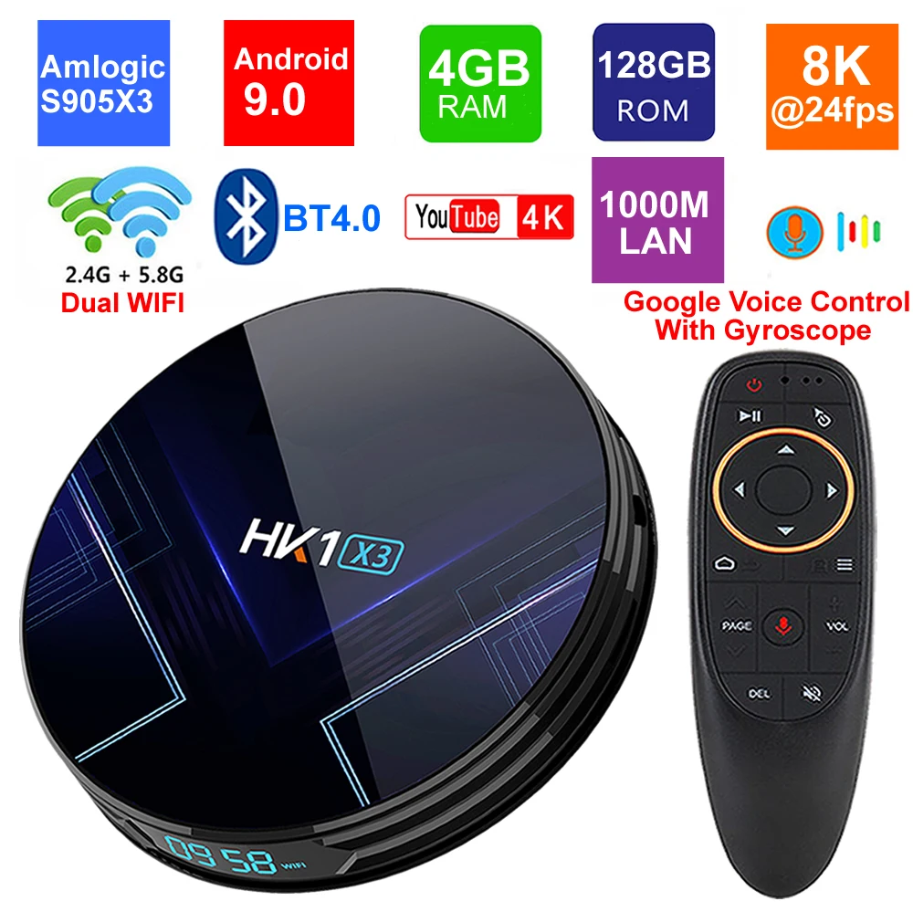 Смарт ТВ приставка HK1 X3 Android 9 0 Amlogic S905X3 4 Гб ОЗУ 128 ГБ 5G Wifi BT4.0 1000 м LAN USB3.0 H.265 8K