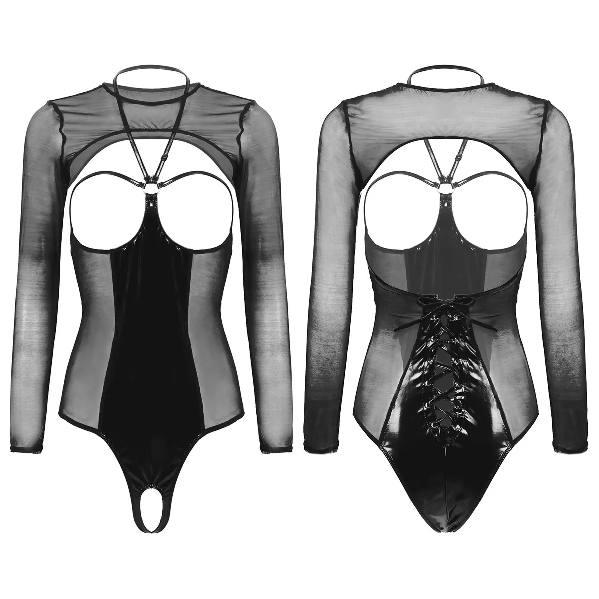 Для женщин Лакированная кожа с лямкой через шею открытые чашечки кружевом на