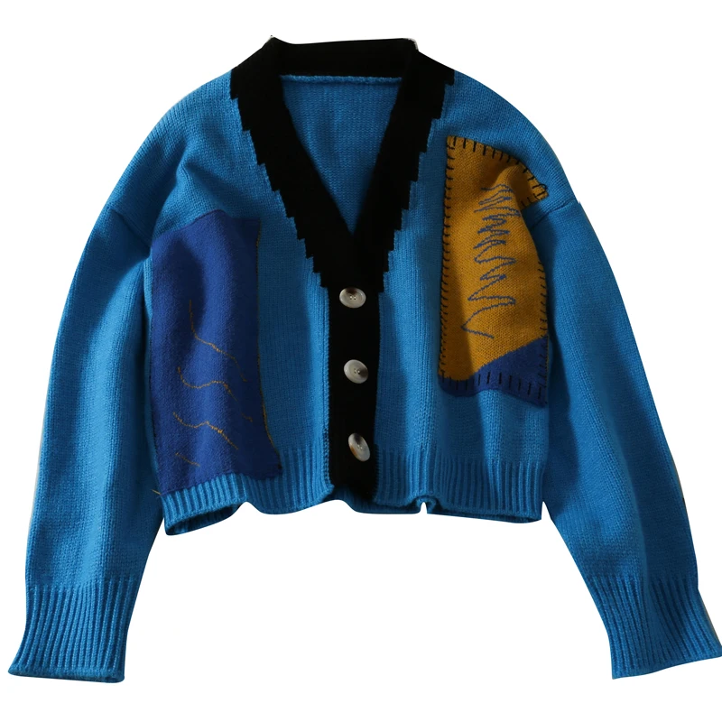 

fall into joining v-neck three grain of buckle short paragraph cardigan sweater female new sweater long-sleeved joker