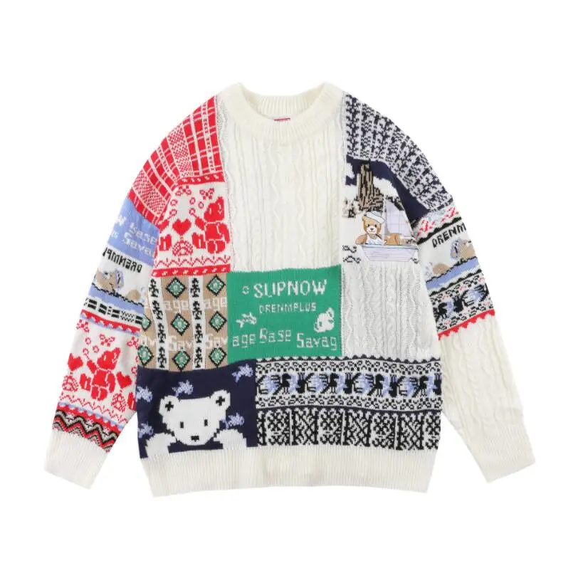 Harajuku Streetwear Sweaters Men Color Block Patchwork Plaid Bear Knitted Jumpers Hip Hop Pullover Fashion Loose Tops w2351