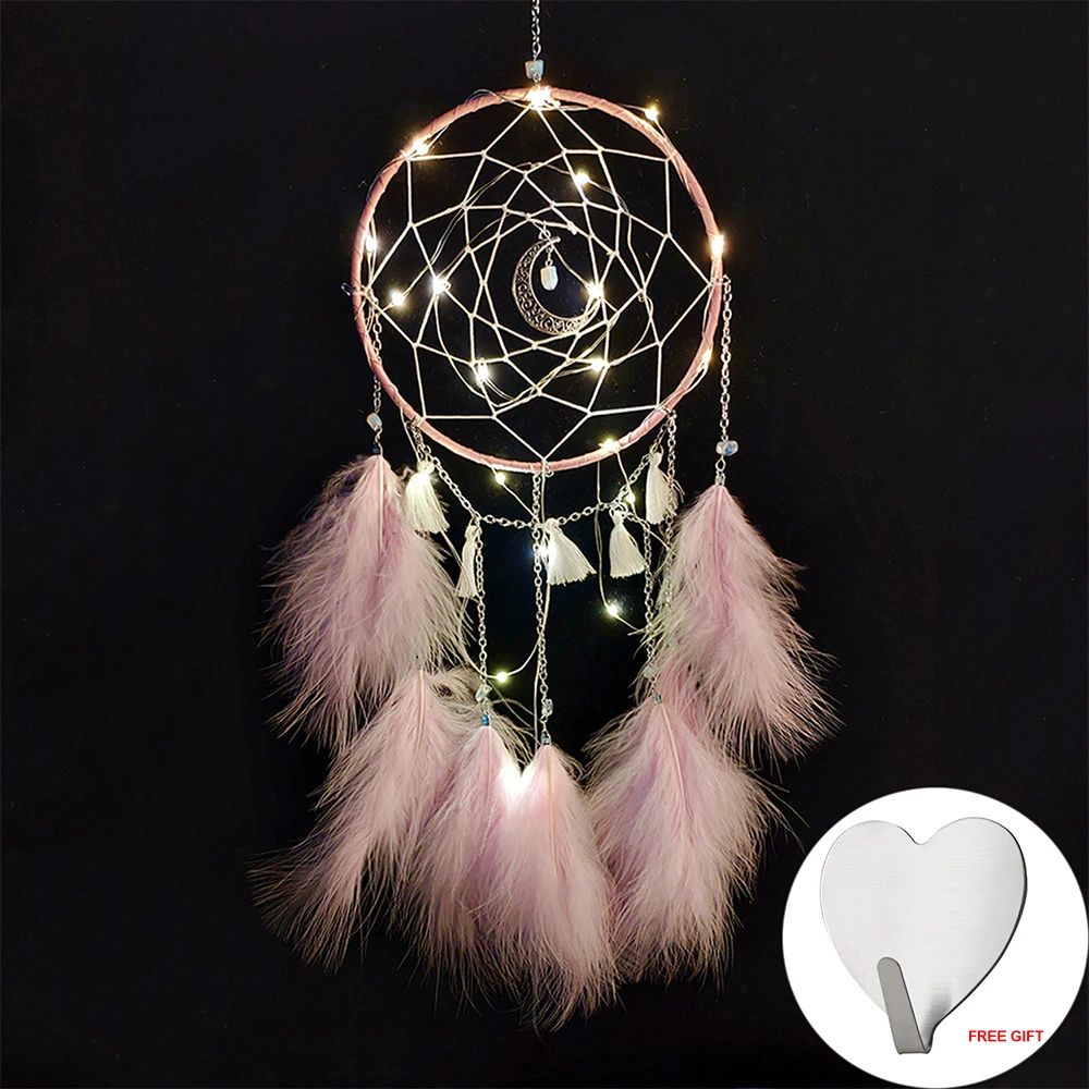 P With light Настенный Ловец снов, светодиодный ручной работы, перо, Ловец снов, плетеный колокольчик, искусство для Ловец снов, подвесной автомобиль, украшение для дома - Цвет: P With light