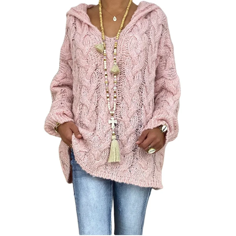 

2021 New Knitted Sweater Women Autumn Winter Plus Size Loose Hooded Top Pink Red Green 20 Color Fashion Pullover Sweater GH354