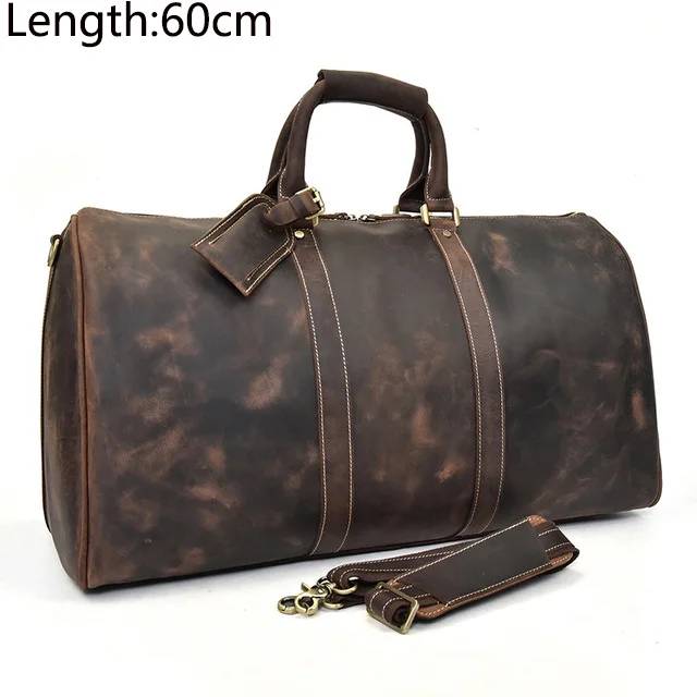 brown 1 (60cm) Мужская сумка из натуральной кожи для путешествий 2" Дорожная сумка большая винтажная crazy horse кожаная сумка на молнии для переноски на выходных спортивная сумка - Цвет: brown 1 (60cm)