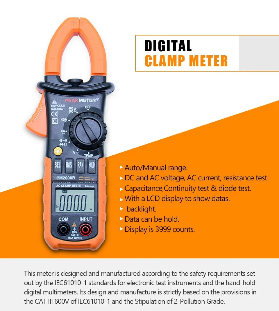 PEAKMETER PM2008B Профессиональный автоматический цифровой ac Амперметр зажим metro равный 4000 отсчетов