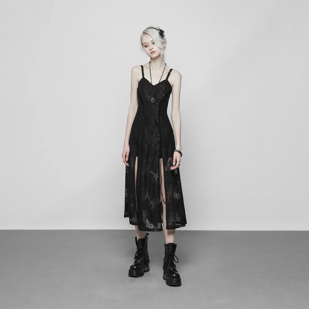 Женское платье в стиле панк готическое темно-кружевное на бретельках принцессы с