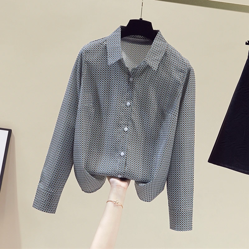 

Europe Style Spring Autumn Fashion Women Turn Down Collar Long Sleeves Print Shirts Office Ladies Shirt Female Blouse Tops