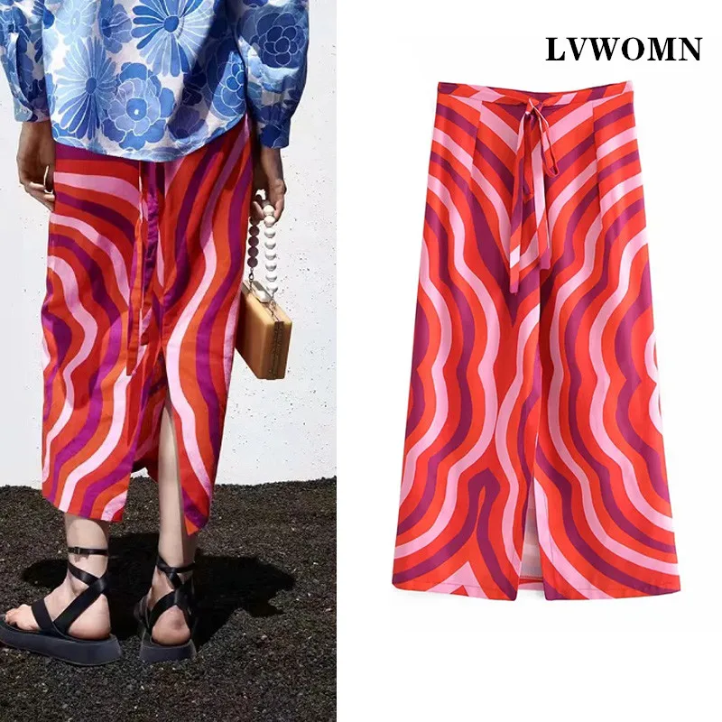 

LVWOMN Za Fashion Woman Long Skirts 2021 Vintage Linen Print High-Waisted Skirt Woman Chic Belt Hem Slit Casual Female Skirts