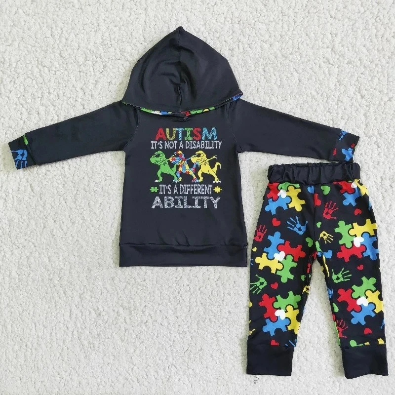 

Wholesale Children Boutique Fashion Sportswear Kids Hoodie Black Letter Clothes Sweater Set Baby Toddler Girl Boy Outfit Pants