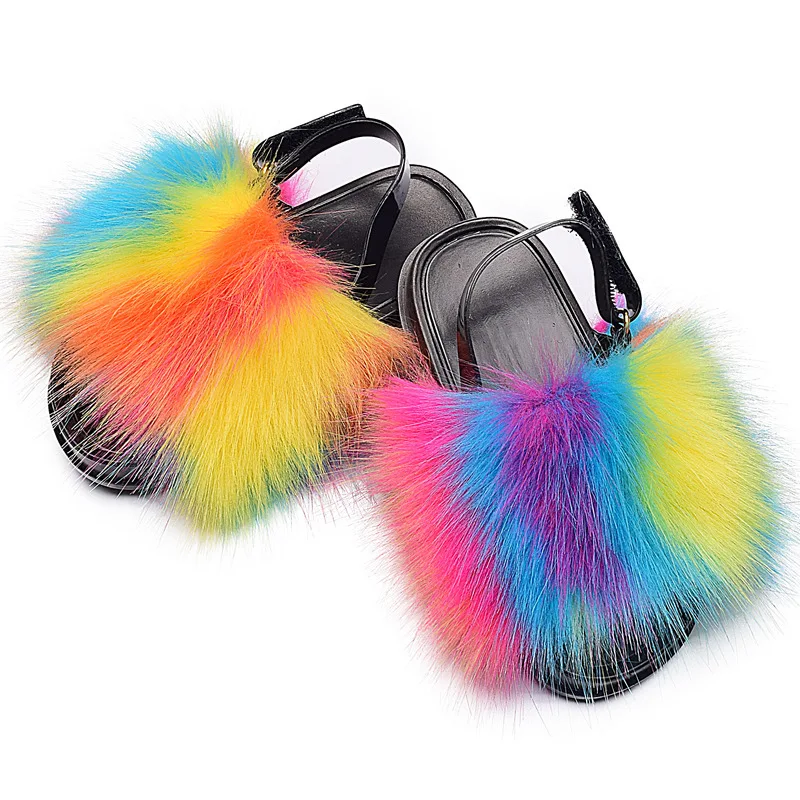 

Fur Slippers Kids Summer Children Cute With Fox Fur For Girls Sandals Fluffy Faux Fur Slides 2021 Luxury Shoes Girls Children