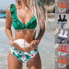 Женский сексуальный комплект бикини из 2 предметов, бюстгальтер с рюшами и открытой спиной, купальник-стринги с принтом, купальный костюм, пляжная одежда
