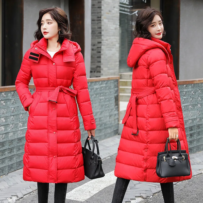 

Women Long Winter Jacket Hooded Belted Windproof Down Jacket Oversize Cotton padded Parkas Outwear Coat