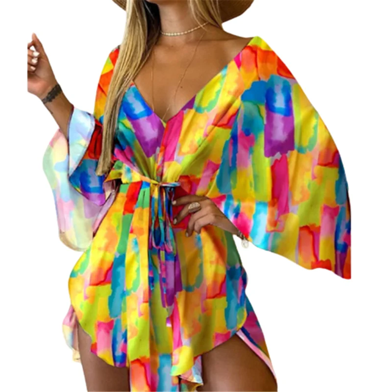 

Платье-кимоно женское с цветочным принтом, с глубоким V-образным вырезом и рукавами летучая мышь, на шнуровке, Осеннее, 2021