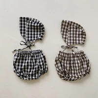 summer baby girls boys shorts plaid cotton baby bloomers hat clothes set infant toddler kids photo props roupa bebe diaper cover