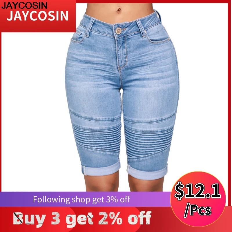 JAYCOSIN, низкая талия, прямые джинсы для женщин, средняя посадка, эластичные, на молнии, обтягивающие, джинсовые, до колена, пышные, Стрейчевые шорты для украшения джинсов, рваные, 9415