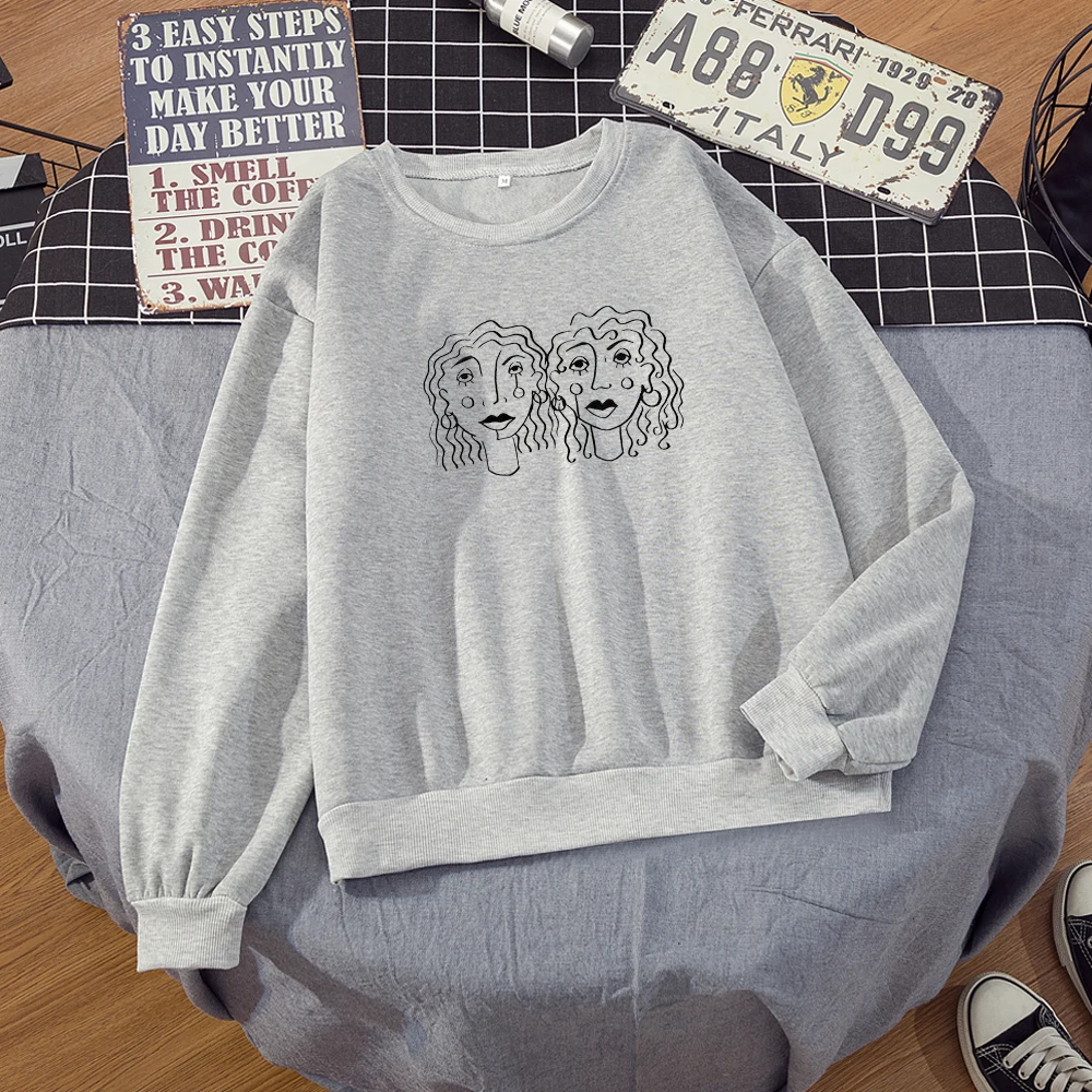 Autumn Loose Hoodies Sweatshirts Womens Art Line Face Printing Oversize Crewneck Sweetshirts Winter Clothing Fluffy Jacket Women
