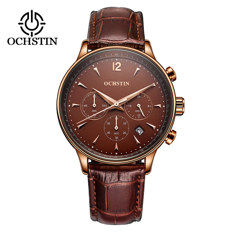 OCHSTIN Top Luxury Brand Men Business Rose Watches Chronograph Waterproof Quartz Analog Wristwatch Male Clock Relogio Masculino - Цвет: 050A-Coffee
