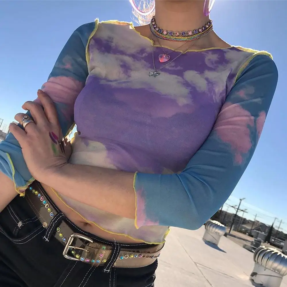 

Blue sky cloud print mesh Top women Crop Tops Y2K transparent casual summer Crop Tops patchwork sexy tee shirt femme Camiseta