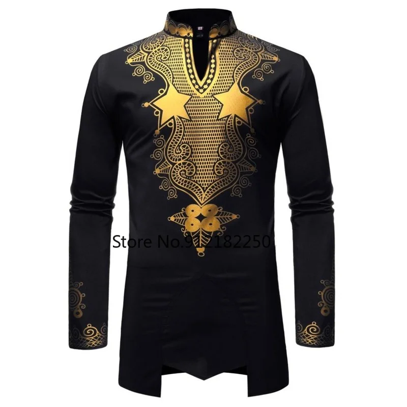 

Mens African Luxury Gold Printed Dress Shirts Mandarin Collar Long Sleeve Dashiki Shirt Men Streetwear Casual African Clothes