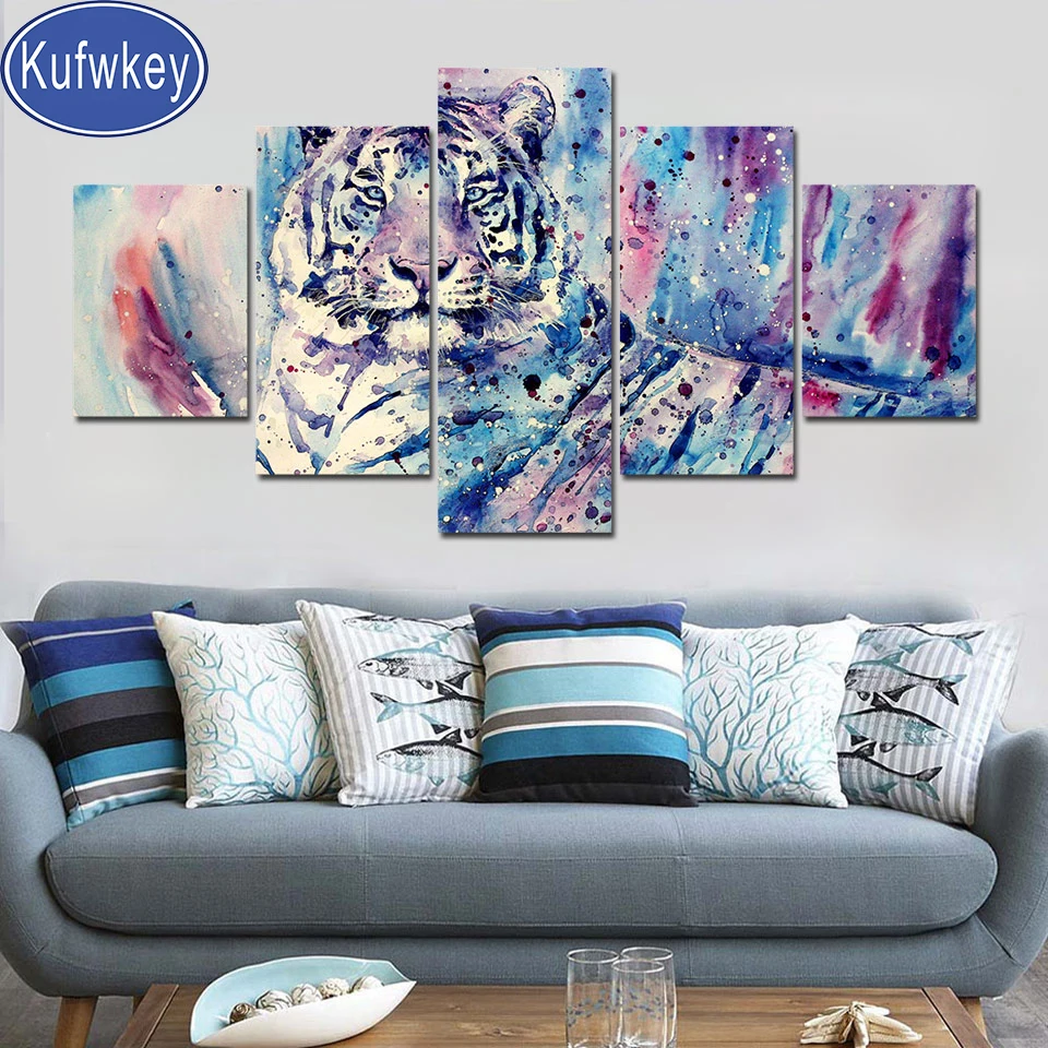 

5 Pieces set tiger abstract art 5d diamond painting animal king,complete full square circle, diamond, embroidery, mosaic,