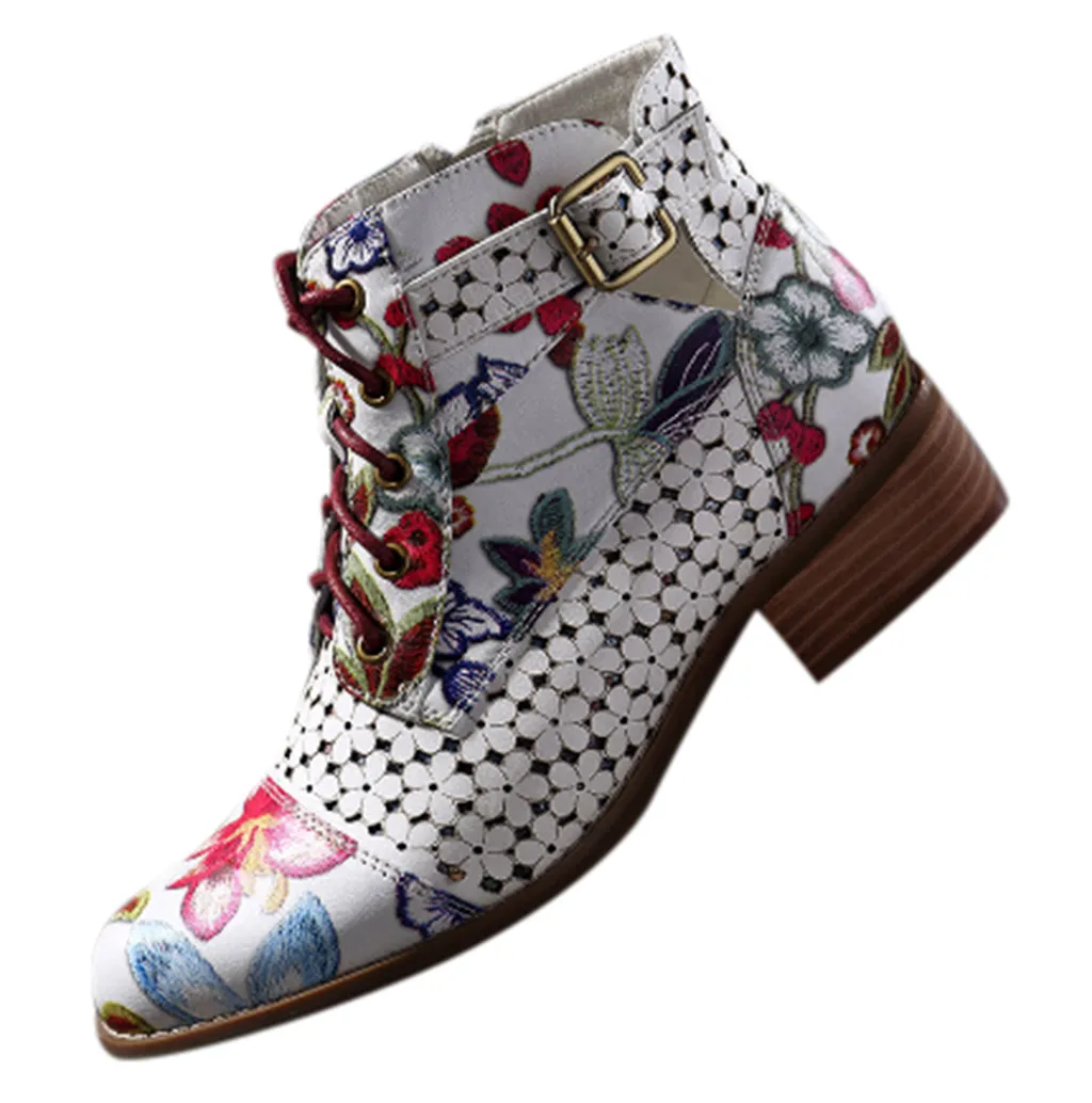 2019 г. Ботинки на шнуровке с цветочным принтом женская обувь ботильоны для женщин