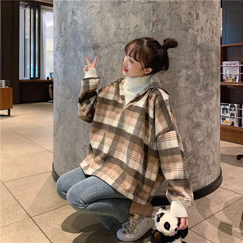 Зимнее пальто для женщин поддельные два толстовки Harajuku решетки толстовка с