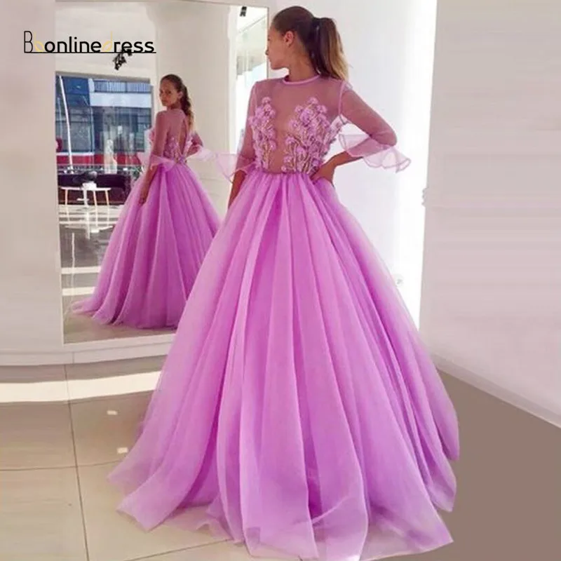 

New Arrival Long Prom Dress Fuchsia 2020 Puffy Tulle Formal Dresses Appliques Beaded Half Sleeves Floor Length Evening Gown
