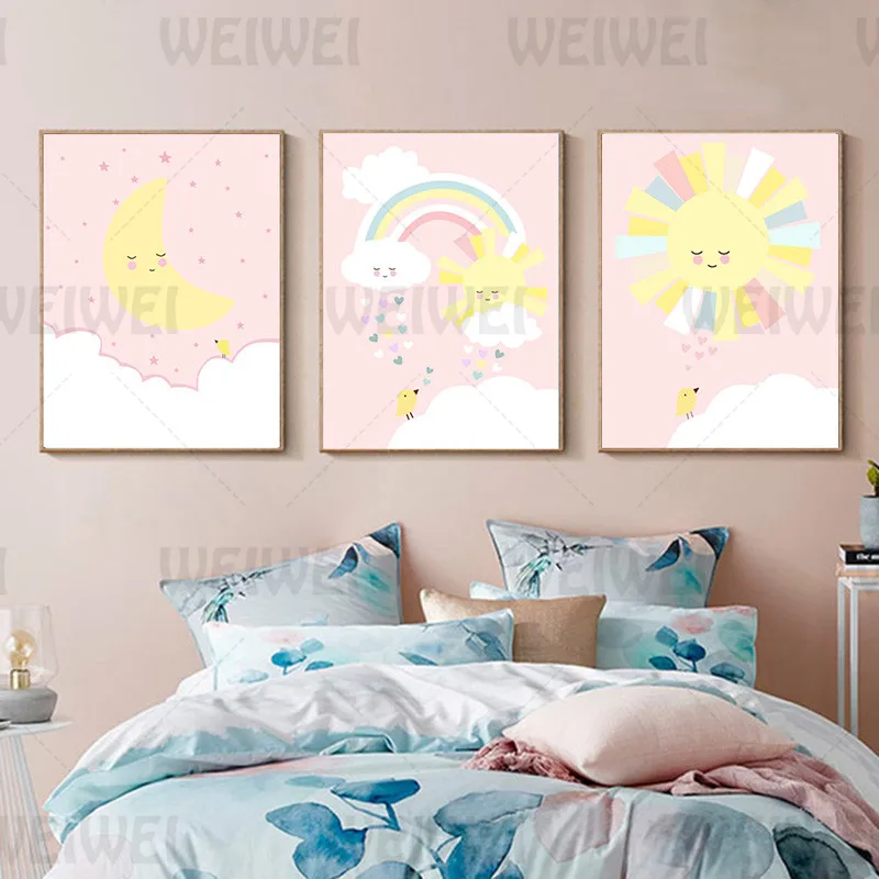 

Cartoon Children's Room Home Decoration Painting Rainbow Clouds Sun Moon Living Room Wall Canvas Poster Bedroom Prints Pictures