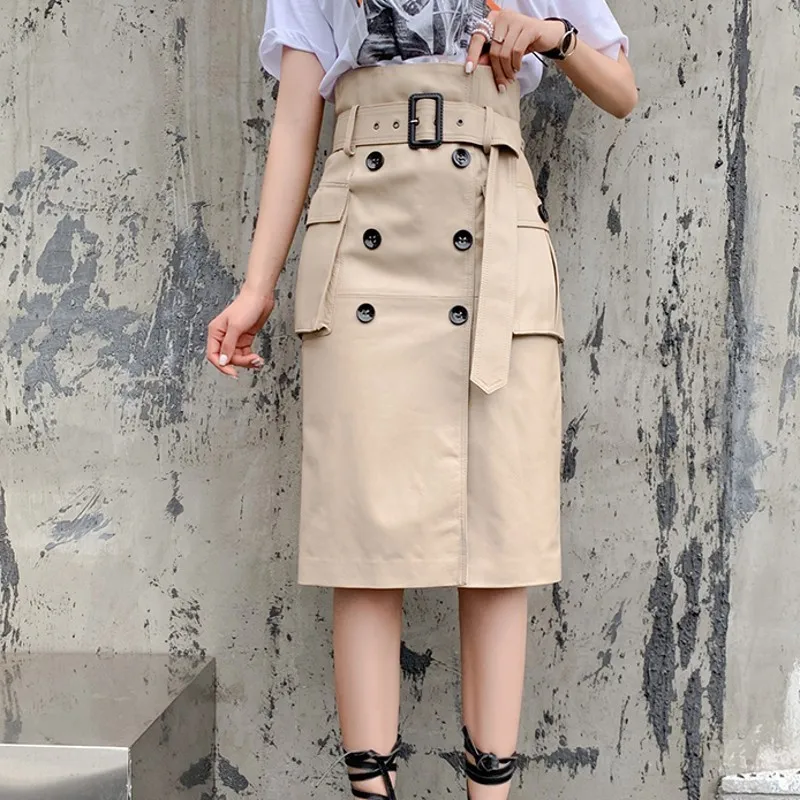 

Office High Waist Ladies Sashes Genuine Leather Skirts Knee Length Split Double Breasted Pockets Slim Sheepskin Skirts Plus Size