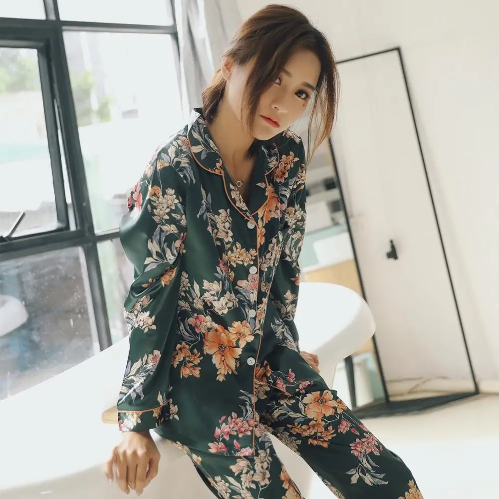Пижамы с длинными рукавами брюки имитация шелковые пижамы женская новая милая