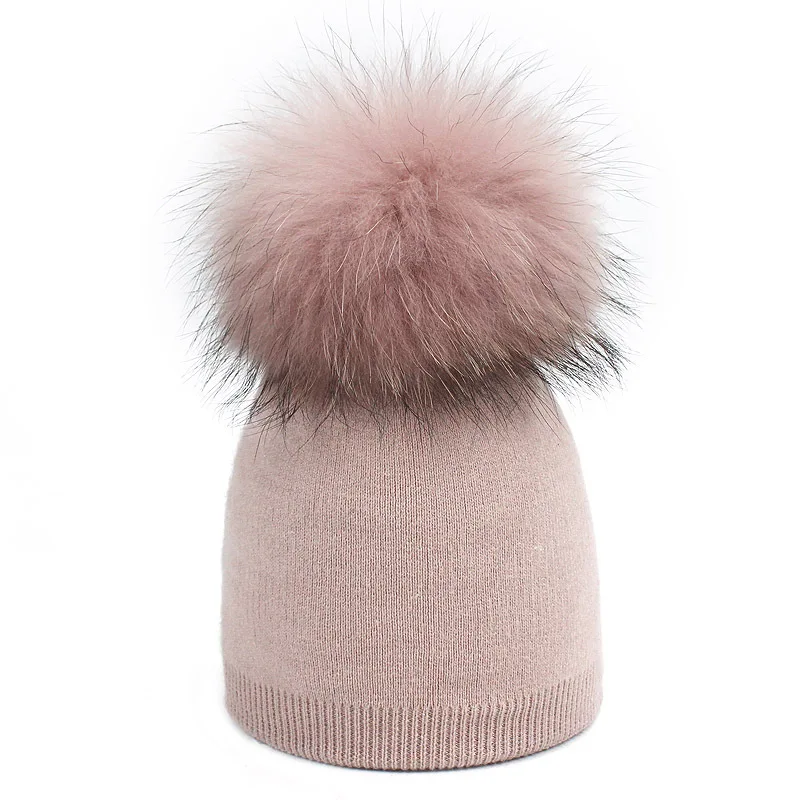 Детская Зимняя шерстяная шапка с помпоном из меха енота розового цвета для
