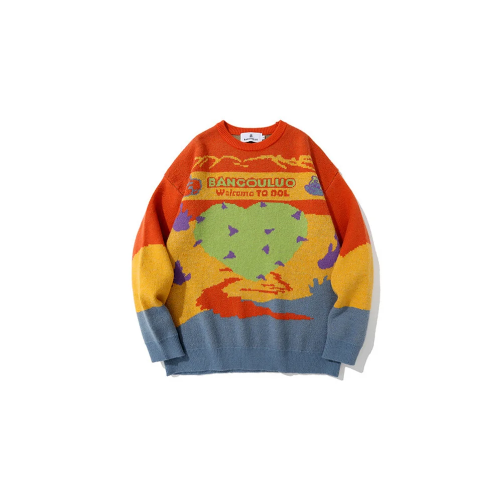 

Hip Hop Sweater Men Streetwear Knitted Graffiti Heart Color Block Jumpers Harajuku Fashion Loose Casual Cotton Couples Pullovers