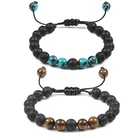 Регулируемый плетеный браслет ручной работы для мужчин и женщин, натуральный тигровый глаз камень из вулканической лавы, Шарм-браслет для пары, ювелирные изделия