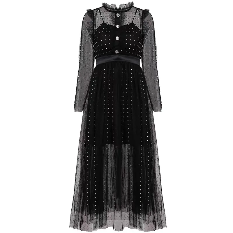 

High Quality Rhinestone Beading Celebrity Runway Party Dress 2020 Spring Women Long Sleeve High Waist Perspective Mesh Dresses