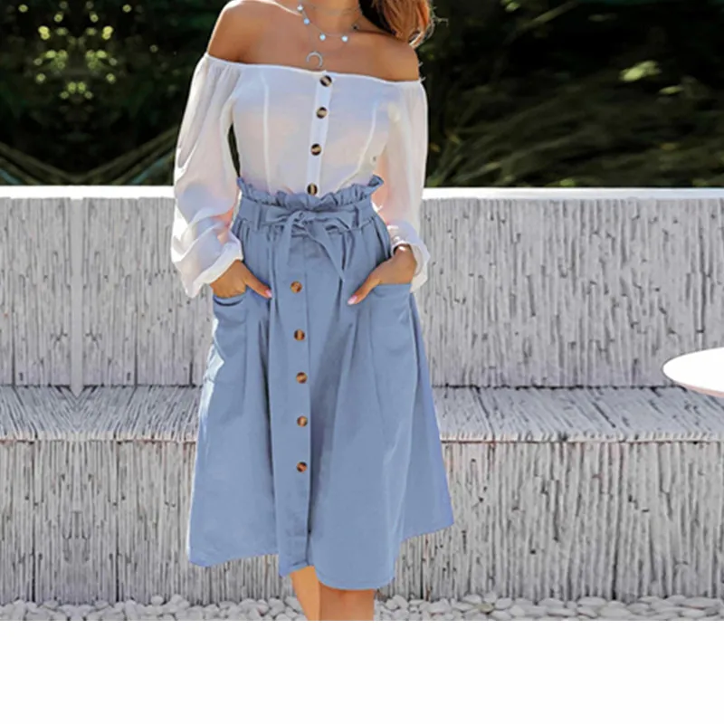 Fashion Women Casual Skirt Frily Ruffles High Waist Skirts For Woman Button Design Solid Color Bowknot Plus Size | Женская одежда