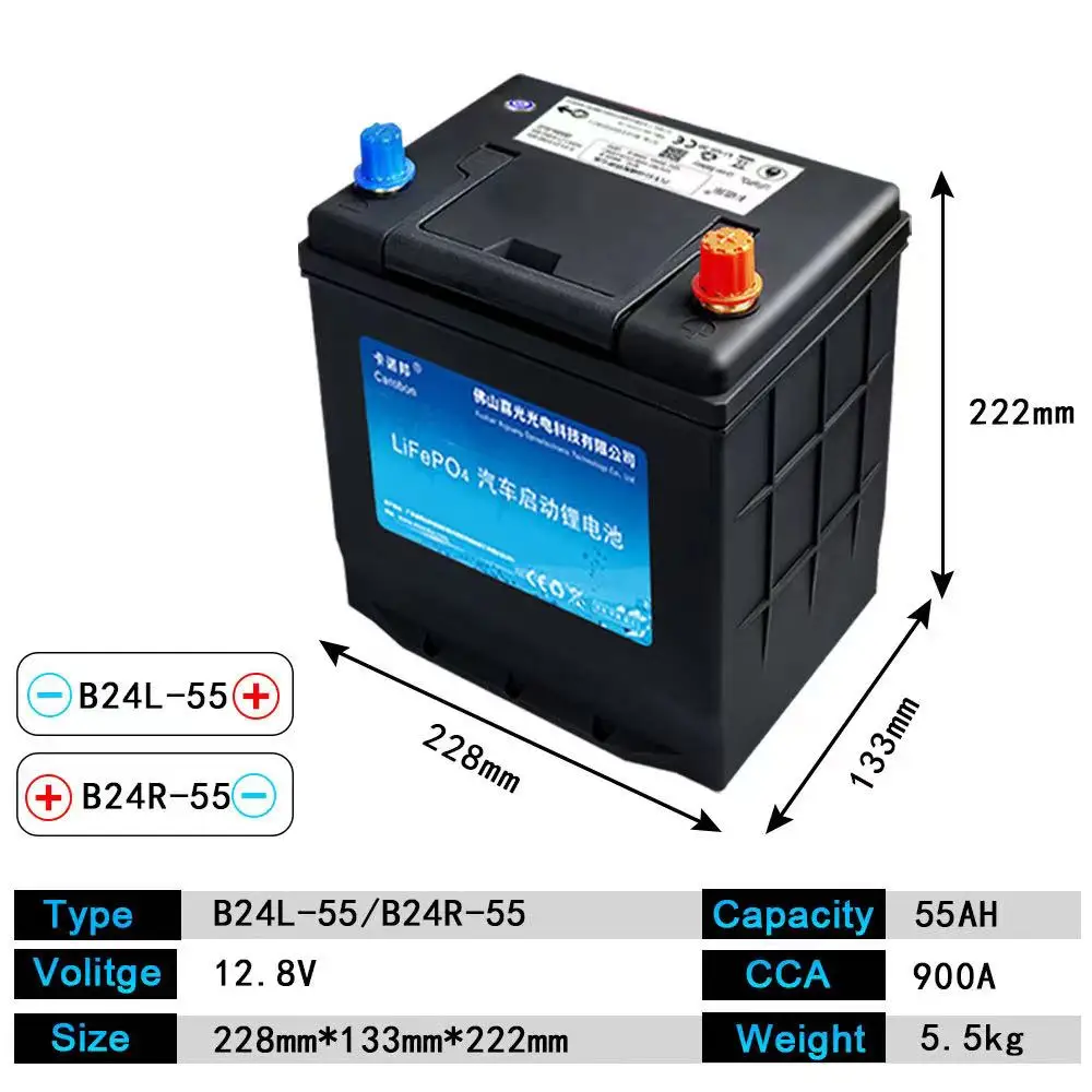 Автомобильный аккумулятор B24L/R-55 carobon LiFePO4 12V90 0CCA перезаряжаемый литиевый железный