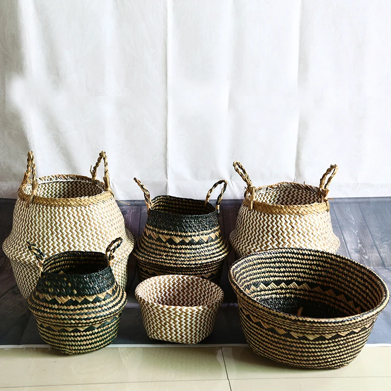 

16 Styles Natural Seagrass Storage Basket Folding Clothes Laundry Baskets Straw Wicker Rattan Flower Pot Garden Plant Holder