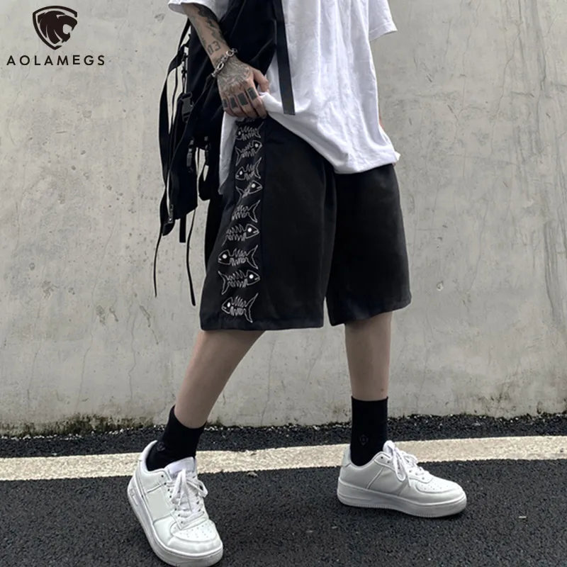 

Aolamegs Men's Shorts Fish Bone Hip Hop Vintage Pants Summer High Street Streetwear Techwear Casual Shorts All-match Sweatpants
