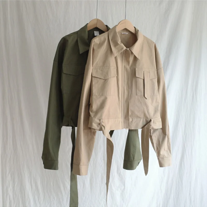 

Cargo Women Jacket Autumn Pockets Fashionable Lace Up Zipper Outerwear Sashes Casual Short Tops Female