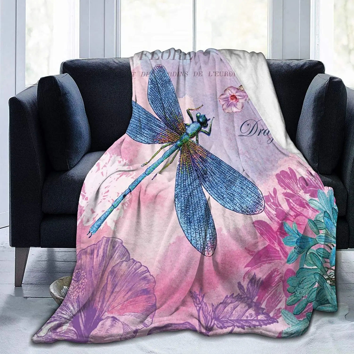 Comfort Throw Blankets Ultra Soft and Fluffy Blankets Throw Blankets Fall Winter and Spring - Pink Flower Dragonfly Blankets